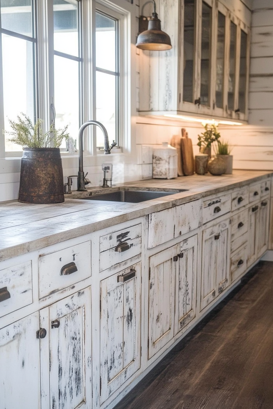 Farmhouse kitchen. Distressed white wood cabinets with industrial metal handles.