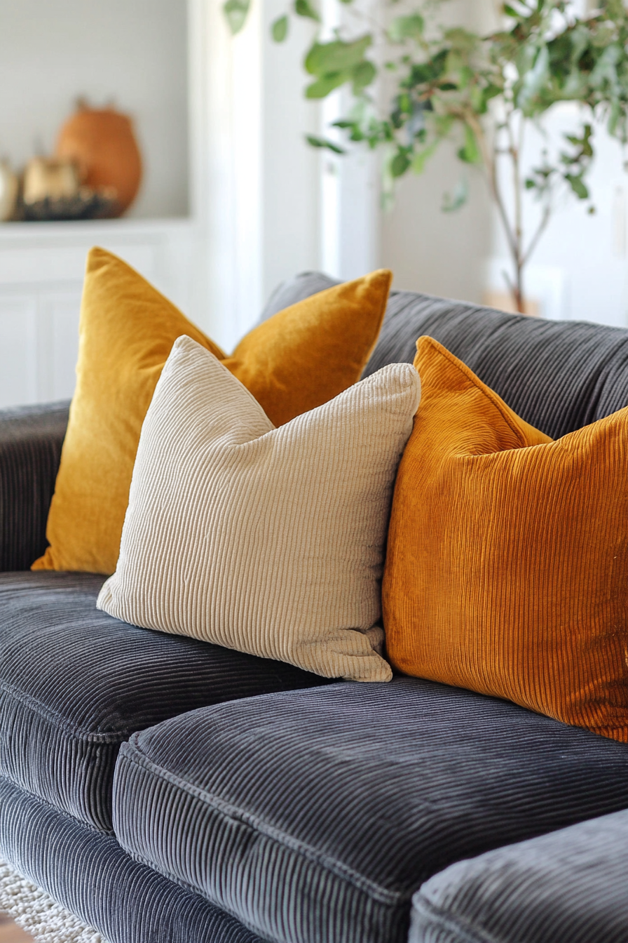 Fall living room. Grey corduroy sofa with plush mustard yellow throw pillows.