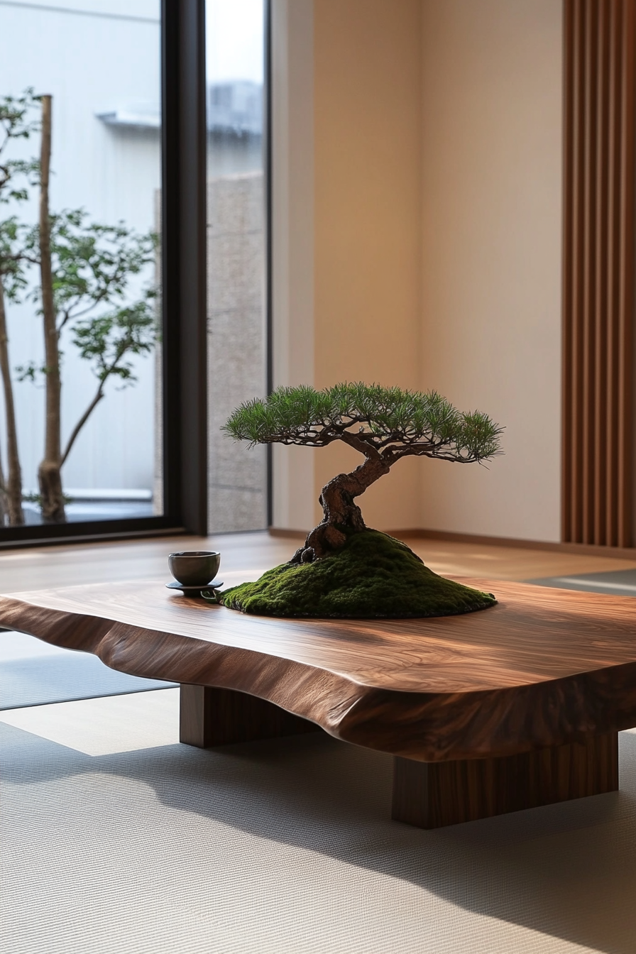 Japandi Home Yoga Studio. Mahogany meditation platform with minimalist bonsai arrangement.