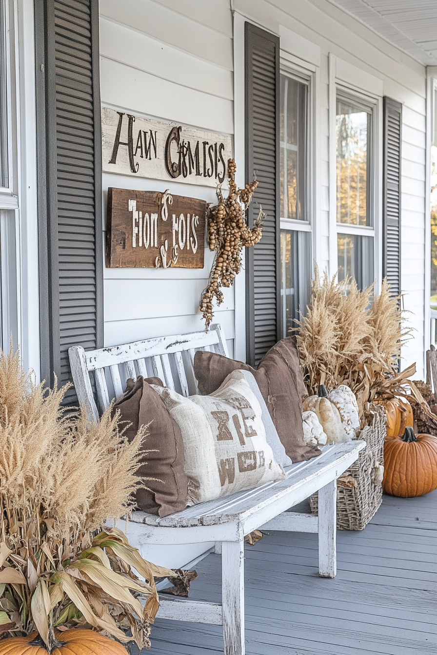 Fall porch decoration. Farmhouse Style signs and cornstalks.