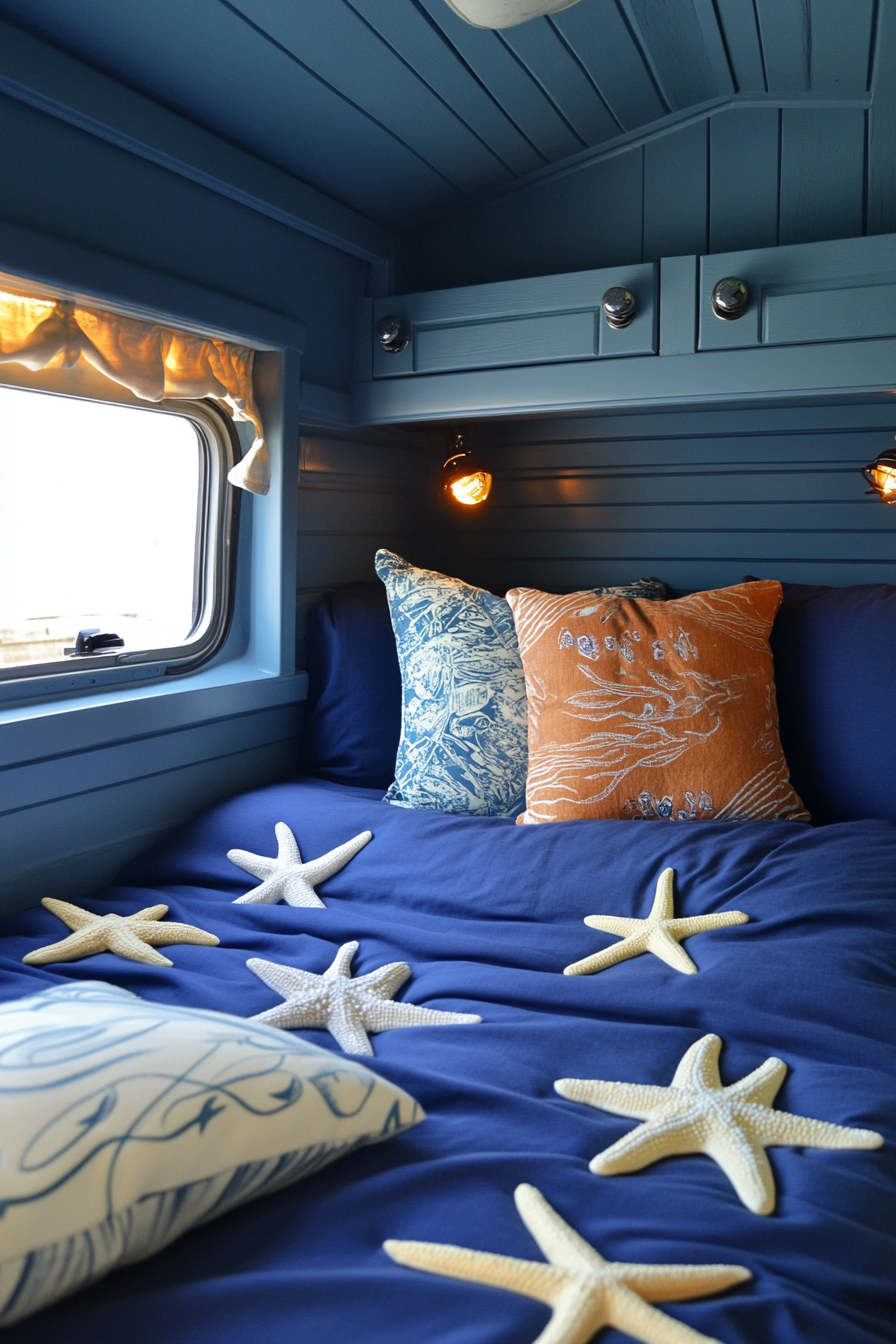 Ocean-themed camper sleeping area. Marine blue bedding with starfish pillows.