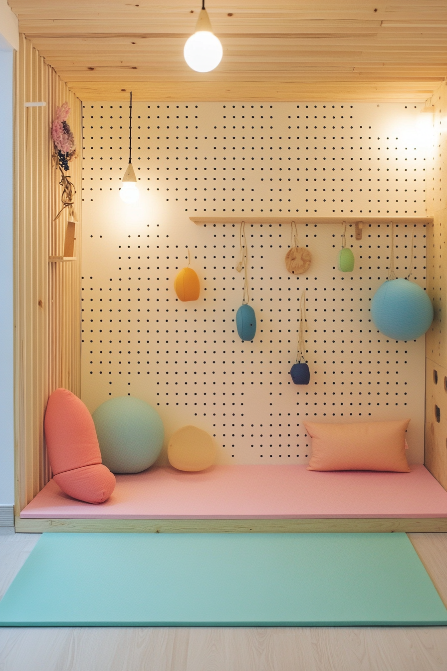 Compact kid's yoga area. Pastel yoga mat, Montessori pegboard wall.