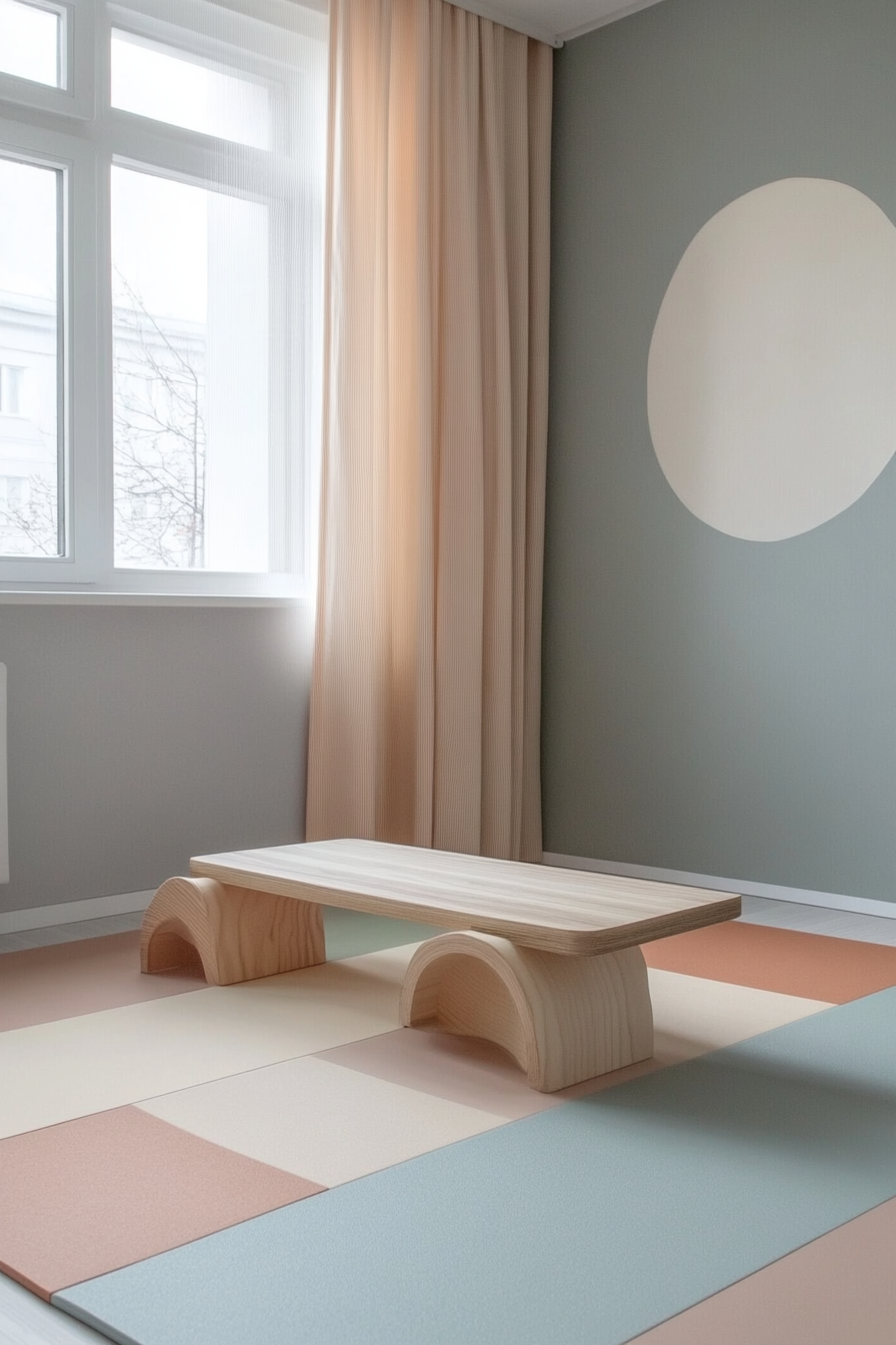 Compact kids' yoga area. Pastel gym mat with a wooden balancing board.