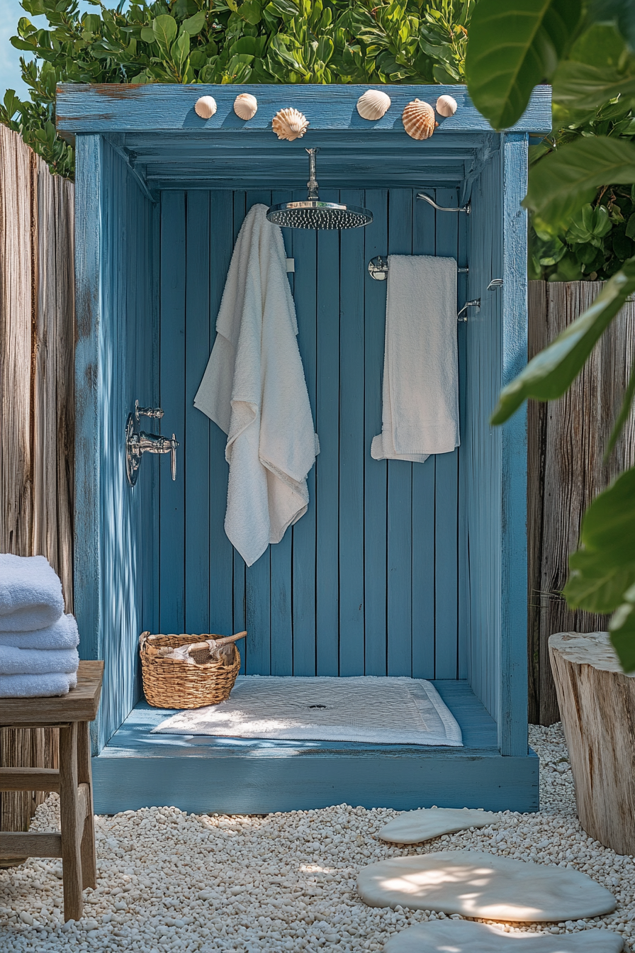 Outdoor shower setup. Blue wooden stall with seashell decorations.