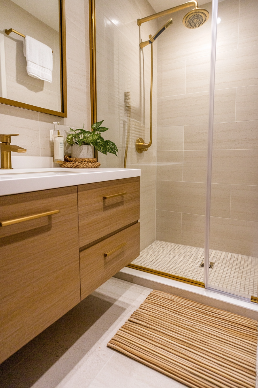 Small bathroom. Floating quartz vanity with gold accents, bamboo mat, and rain showerhead.