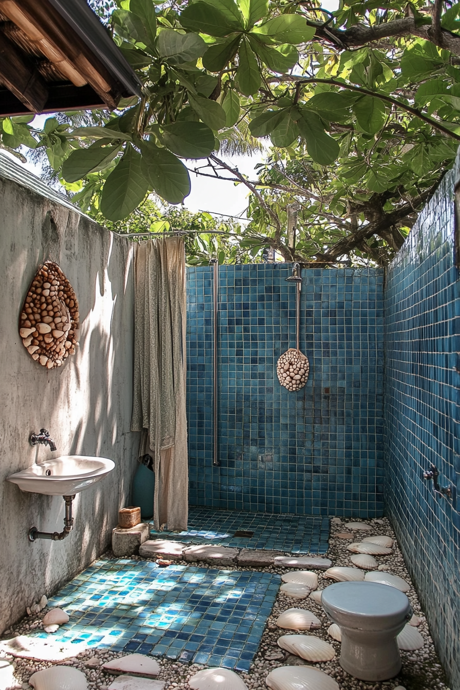 Outdoor shower setup. Blue tiles and seashell shower curtains.