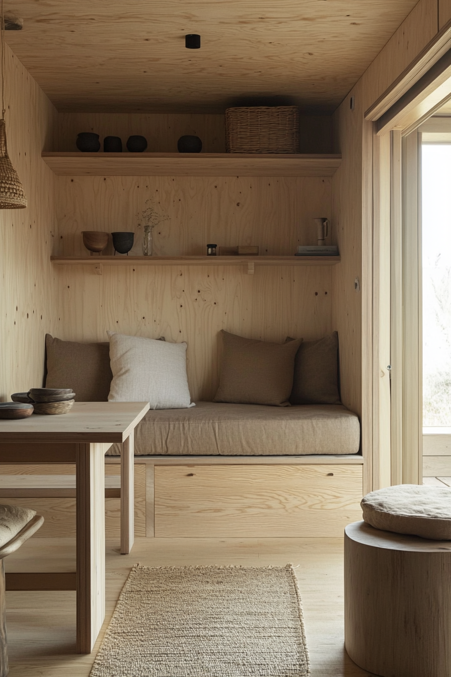 Tiny home interior. Light wood tatami floor with minimalistic Nordic furniture.