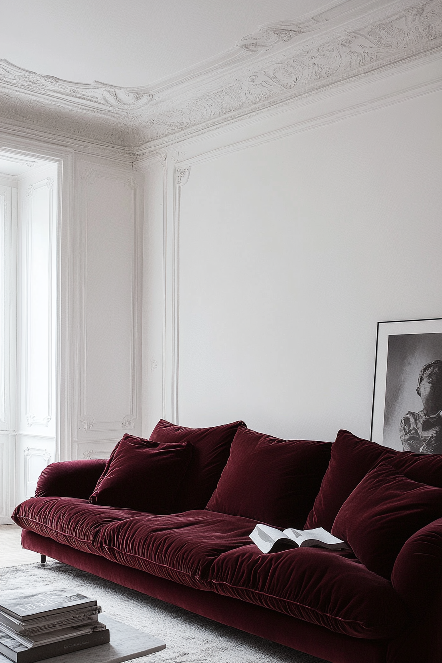 Living Room. Plush velvet sofa contrasting against stark white walls.