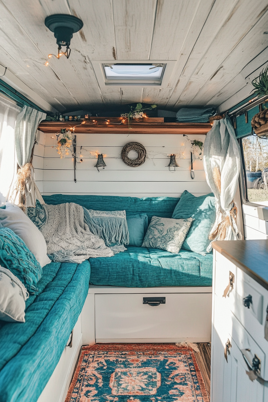 Camper van interior. Turquoise upholstery with a white shiplap ceiling.