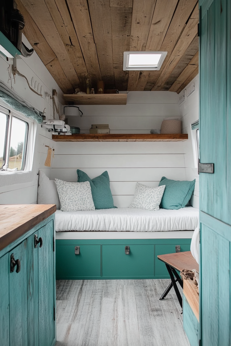 Coastal camper van interior. Whitewashed wood panelling with turquoise cabinets.