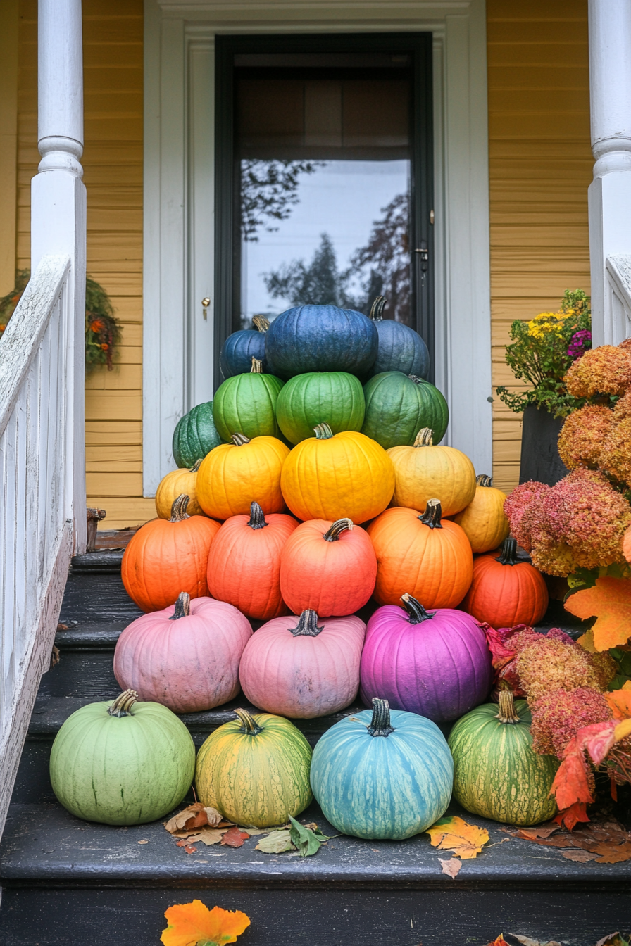 Fall porch. Stack of rainbow-colored pumpkins amidst large harvest gourds.