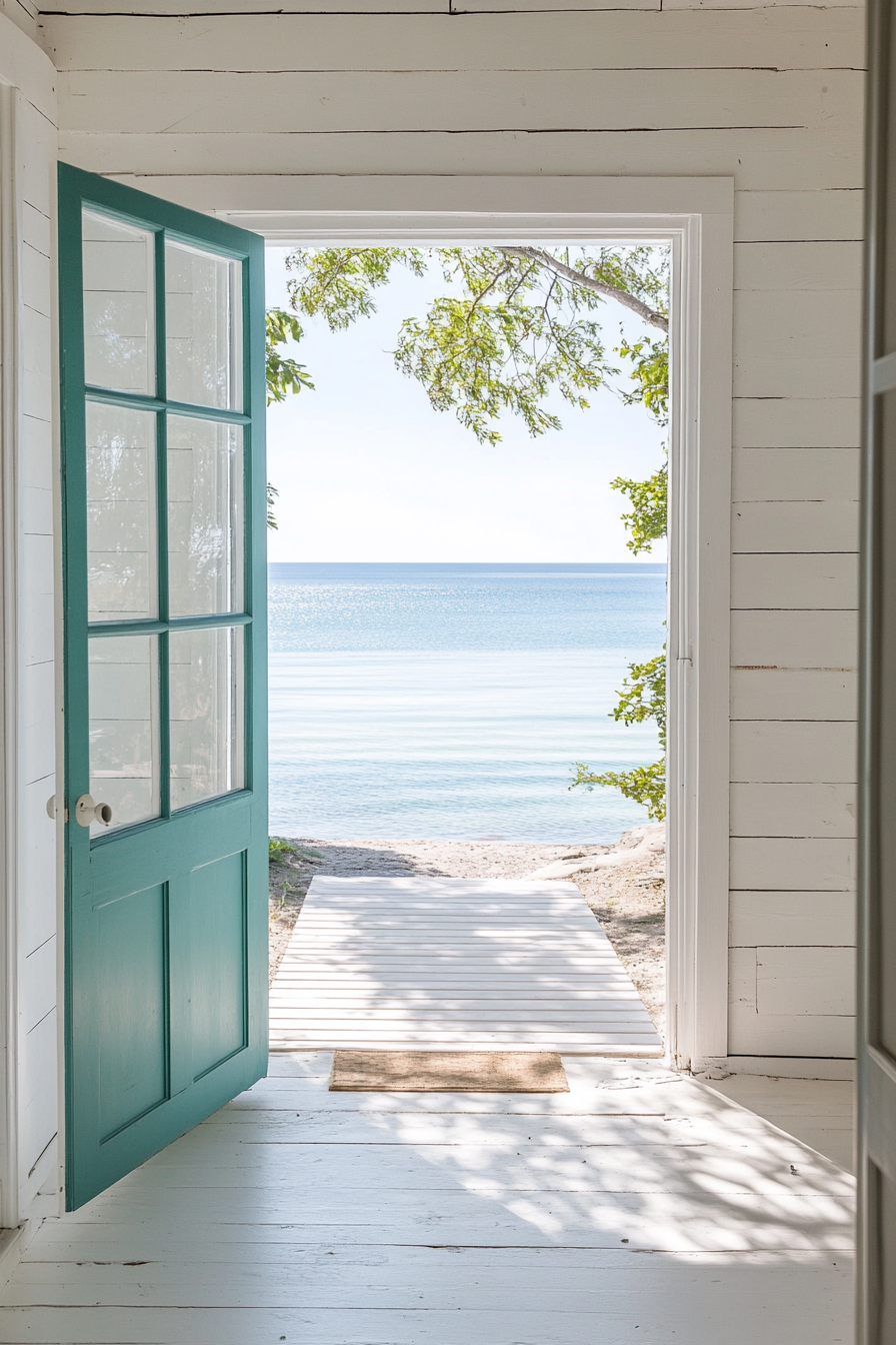 Compact beach house. White shiplap walls, turquoise door, large glass windows with ocean view.