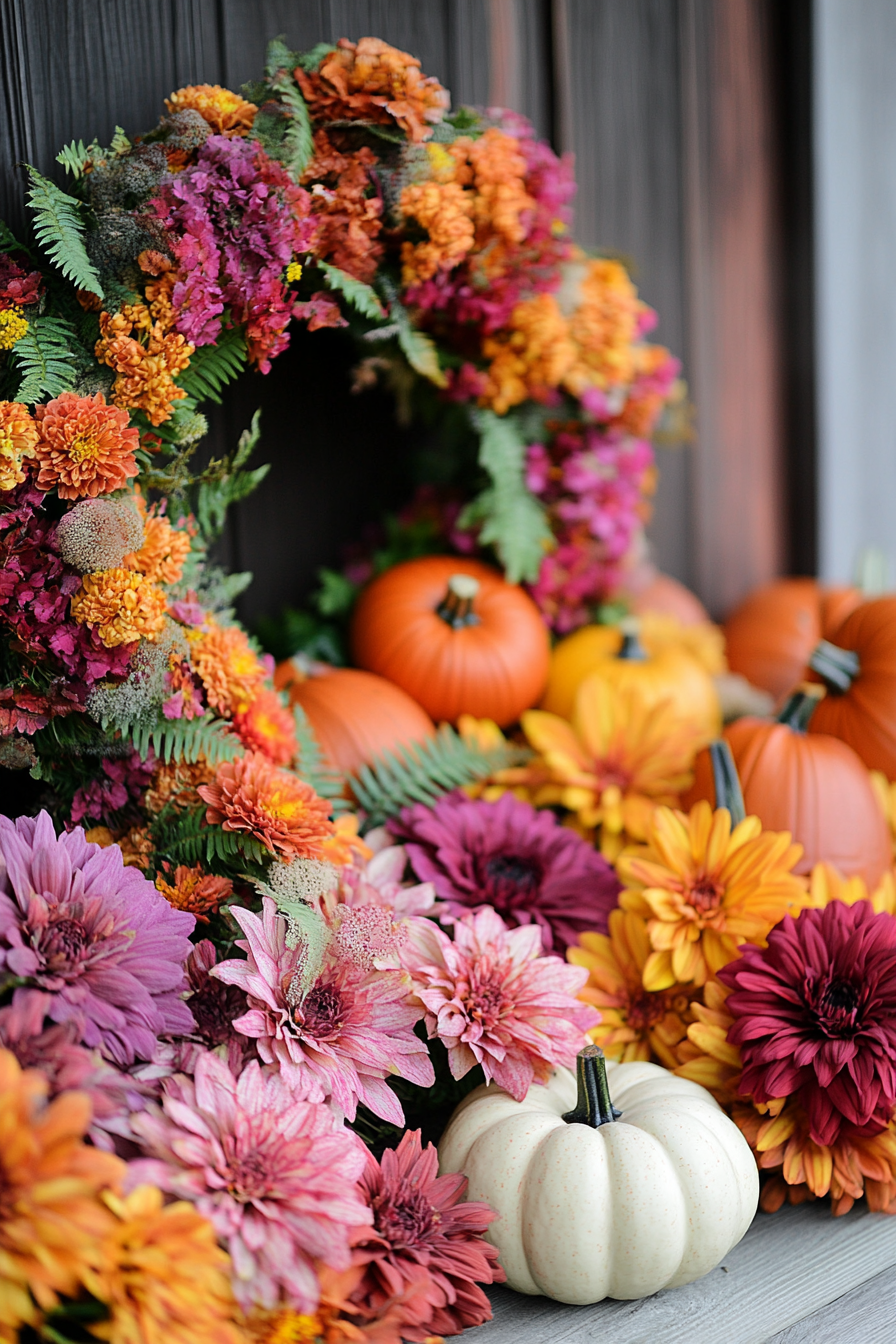 Fall porch. Festive wreath, pastel pumpkins, pale ferns contrasts vivid mums.