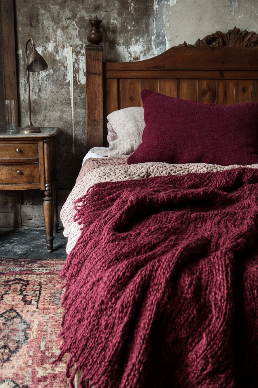 Fall bedroom. Hand-knitted burgundy wool blanket on a vintage wooden bed.