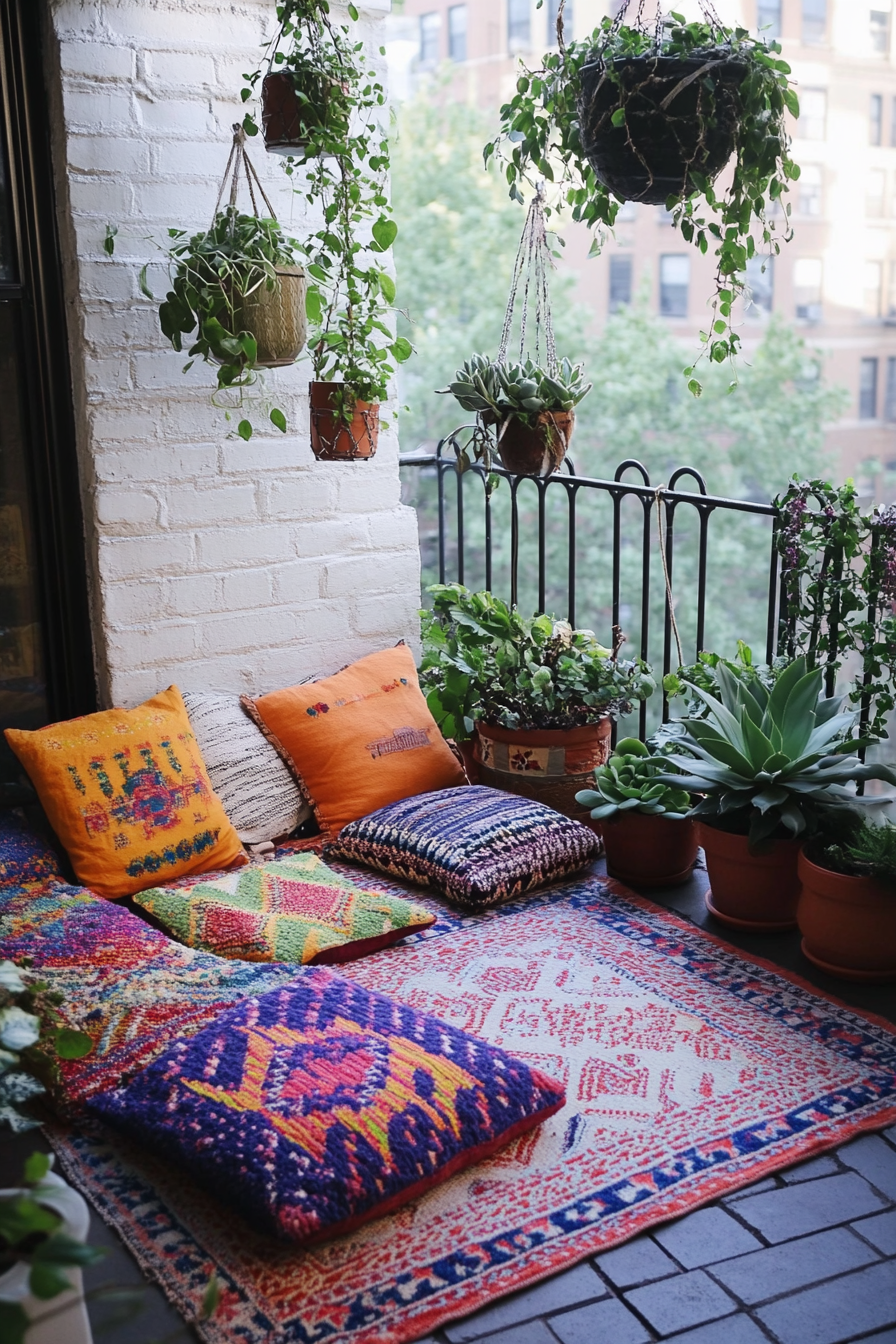 Urban Boho Balcony. Patterned floor cushions and hanging potted succulents.