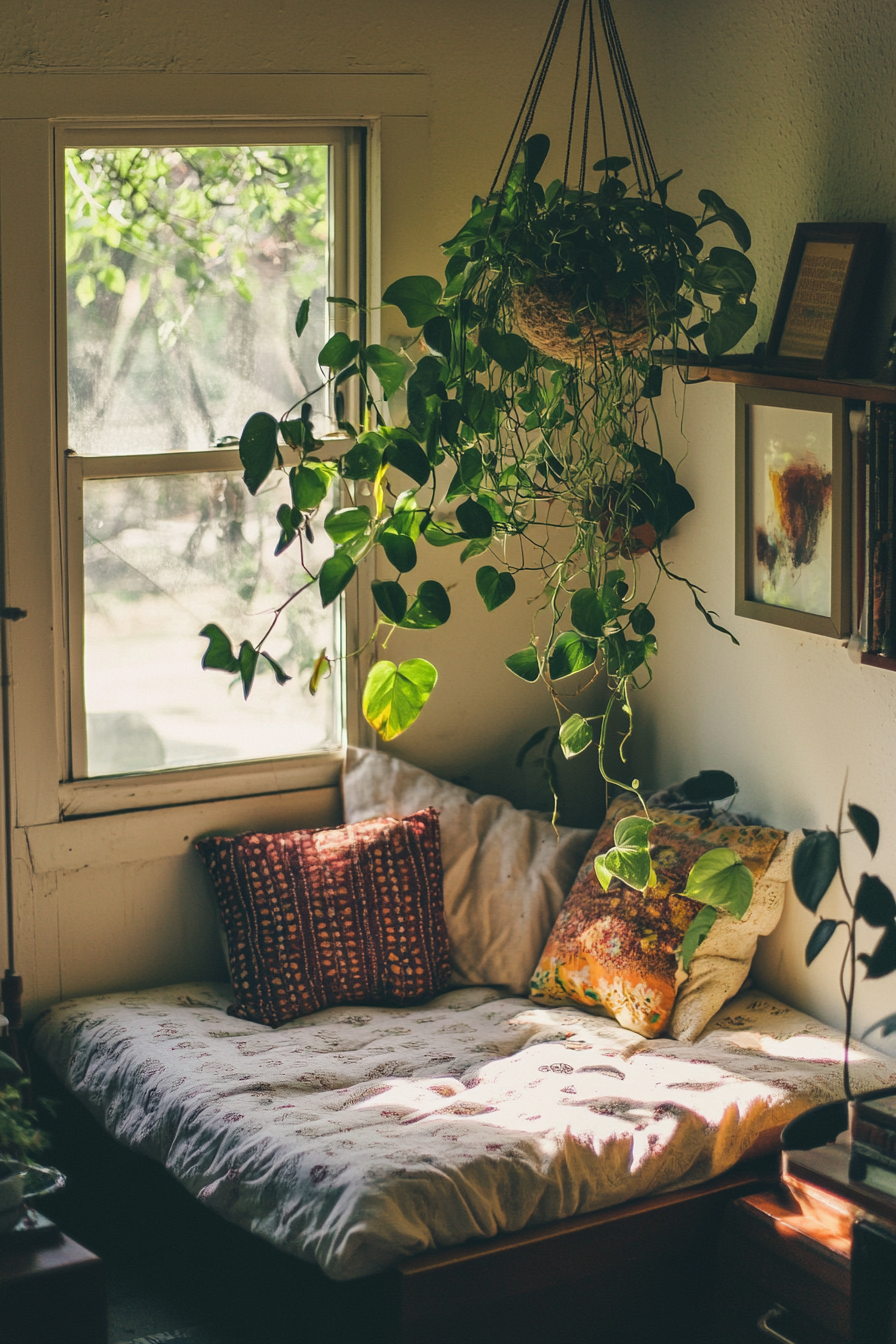 Tiny home interior. Futon beneath a hanging kokedama plant.