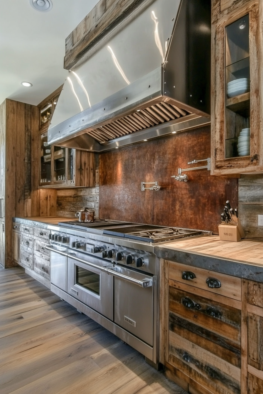 Farmhouse kitchen design. Sleek chrome finishes with distressed wooden cabinetry.