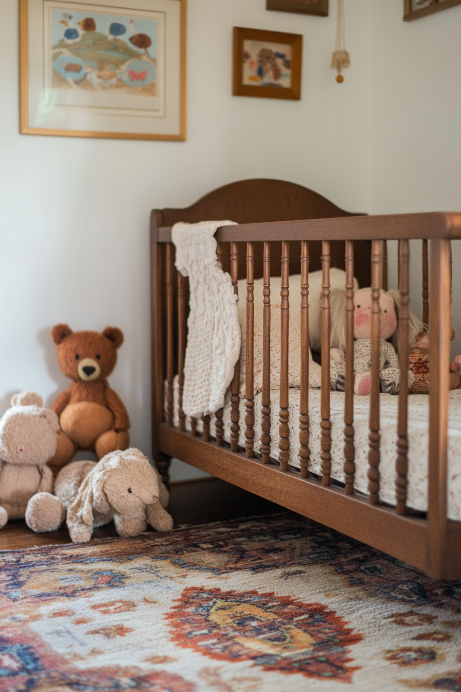 Bohemian nursery. Vintage oak crib with culturally diverse stuffed animals.