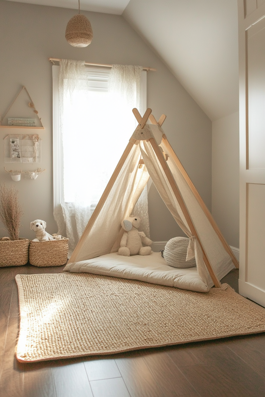 Compact kid's yoga area. Hemp floor mat with wood-framed Montessori climbing triangle.