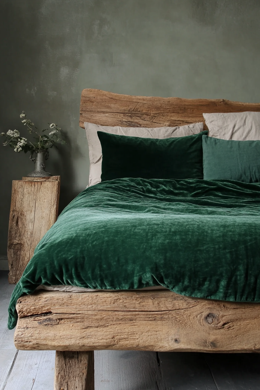 Fall bedroom. Emerald velvet bedspread on reclaimed wood bedframe.