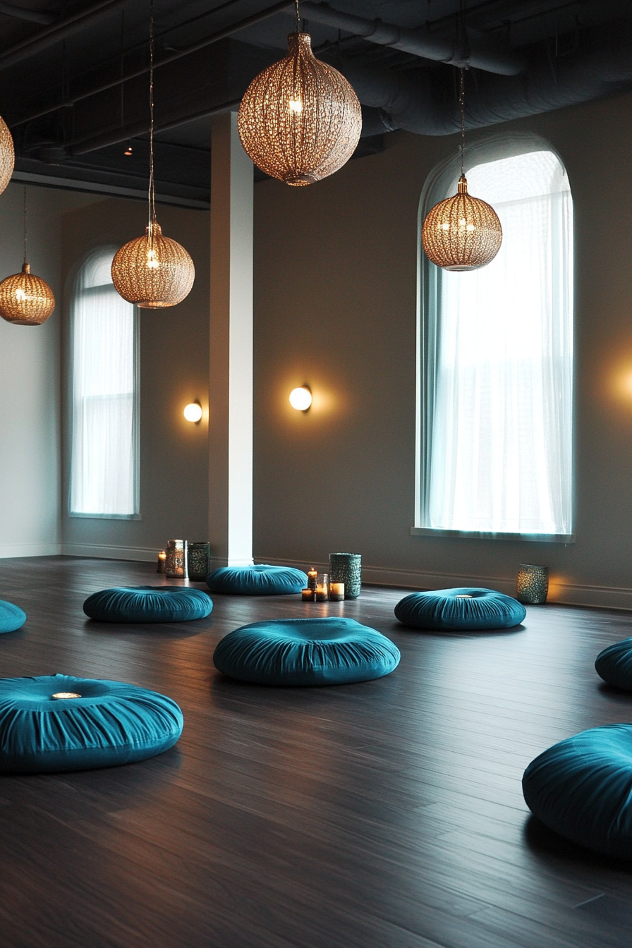 Upscale yoga studio interior. Dark hardwood floors with deep turquoise meditation cushions.