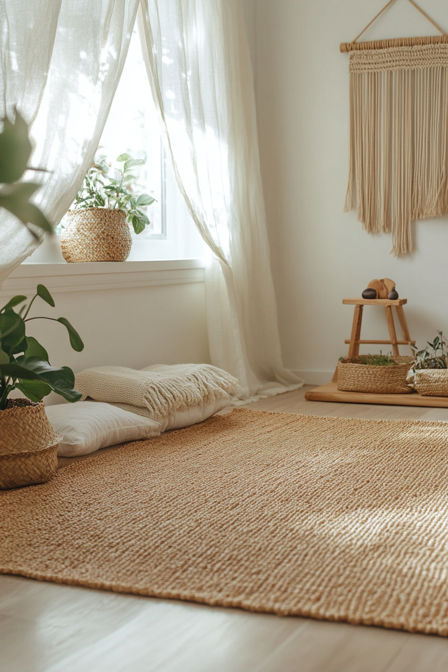 Compact kids' yoga area. Natural jute yoga mat on soft-toned Montessori rug.