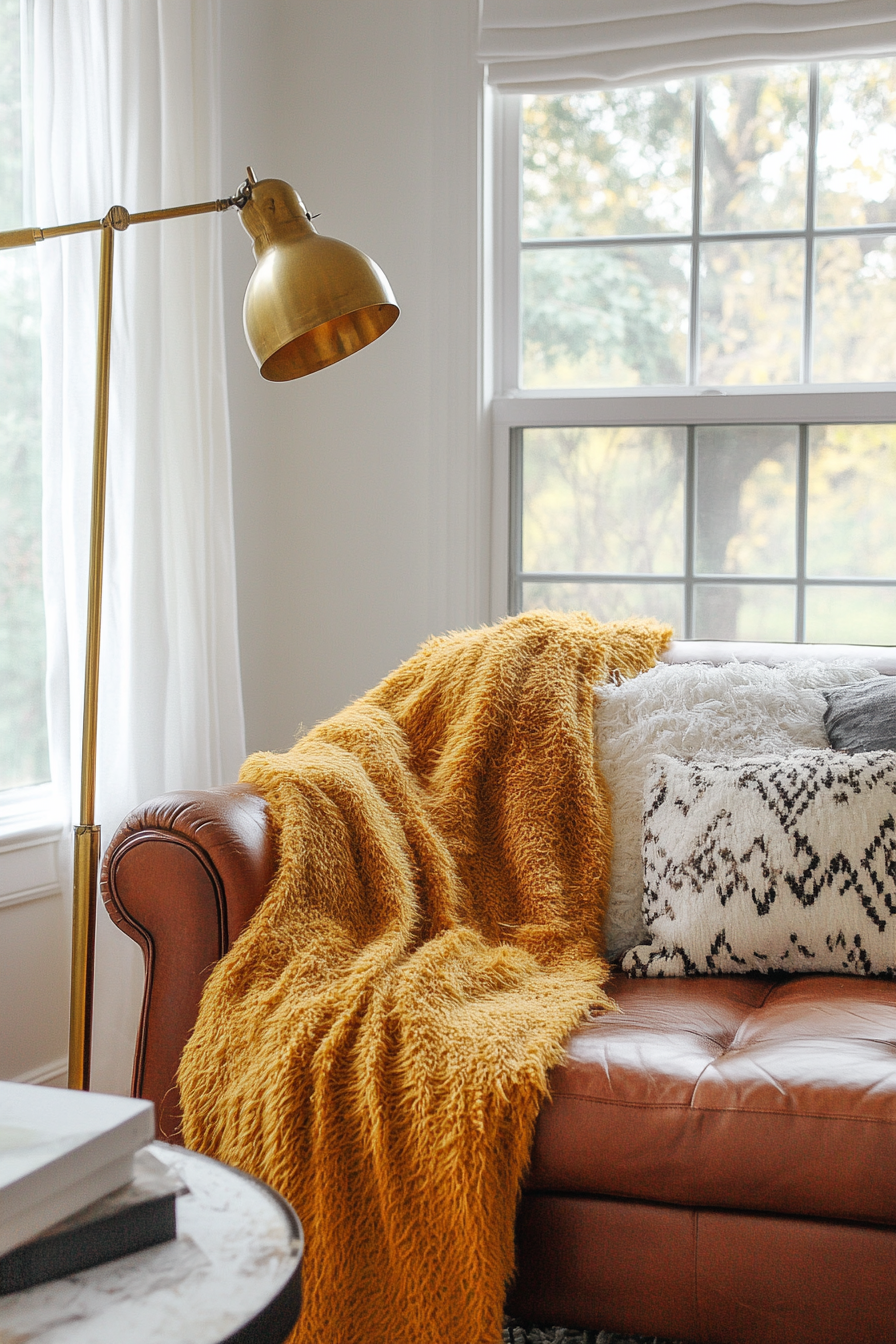 Fall Living room. Leather couch with fuzzy mustard yellow throw and vintage brass lamp.