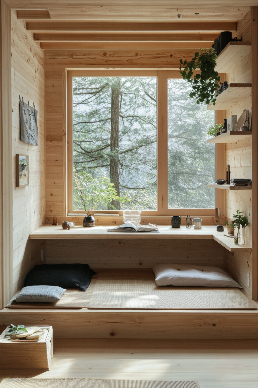 Tiny home interior. Japanese tatami mat with Scandinavian minimalist shelving.