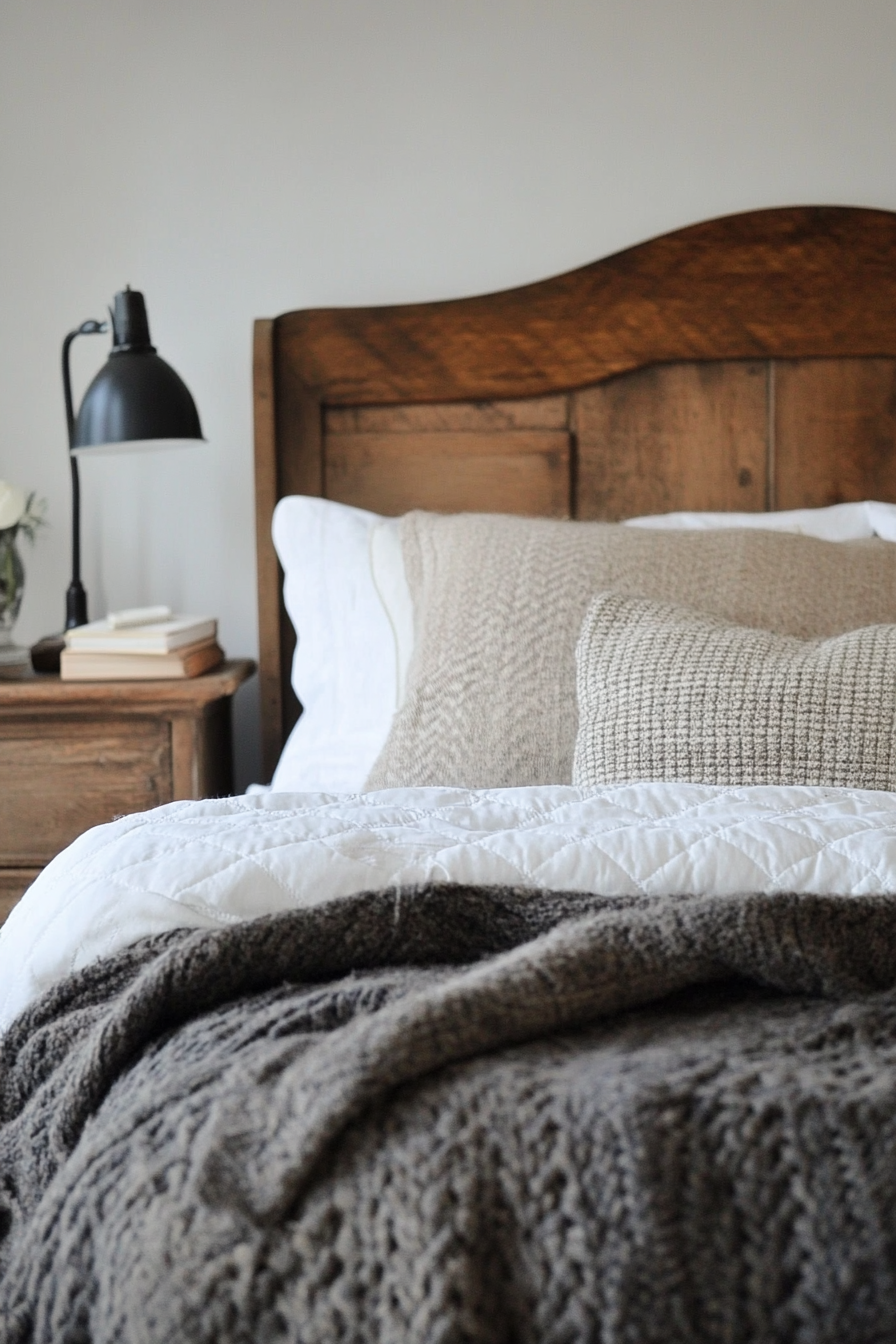 Fall bedroom. Oakwood headboard with quilted wool blanket.