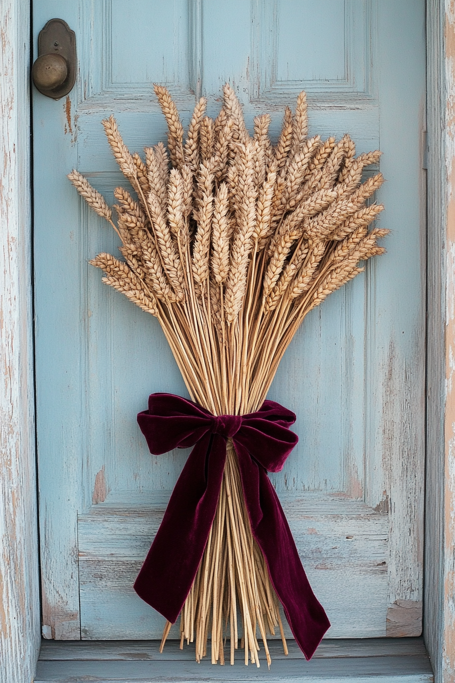 Fall porch. Dried wheat bunches tied with burgundy velvet ribbon.