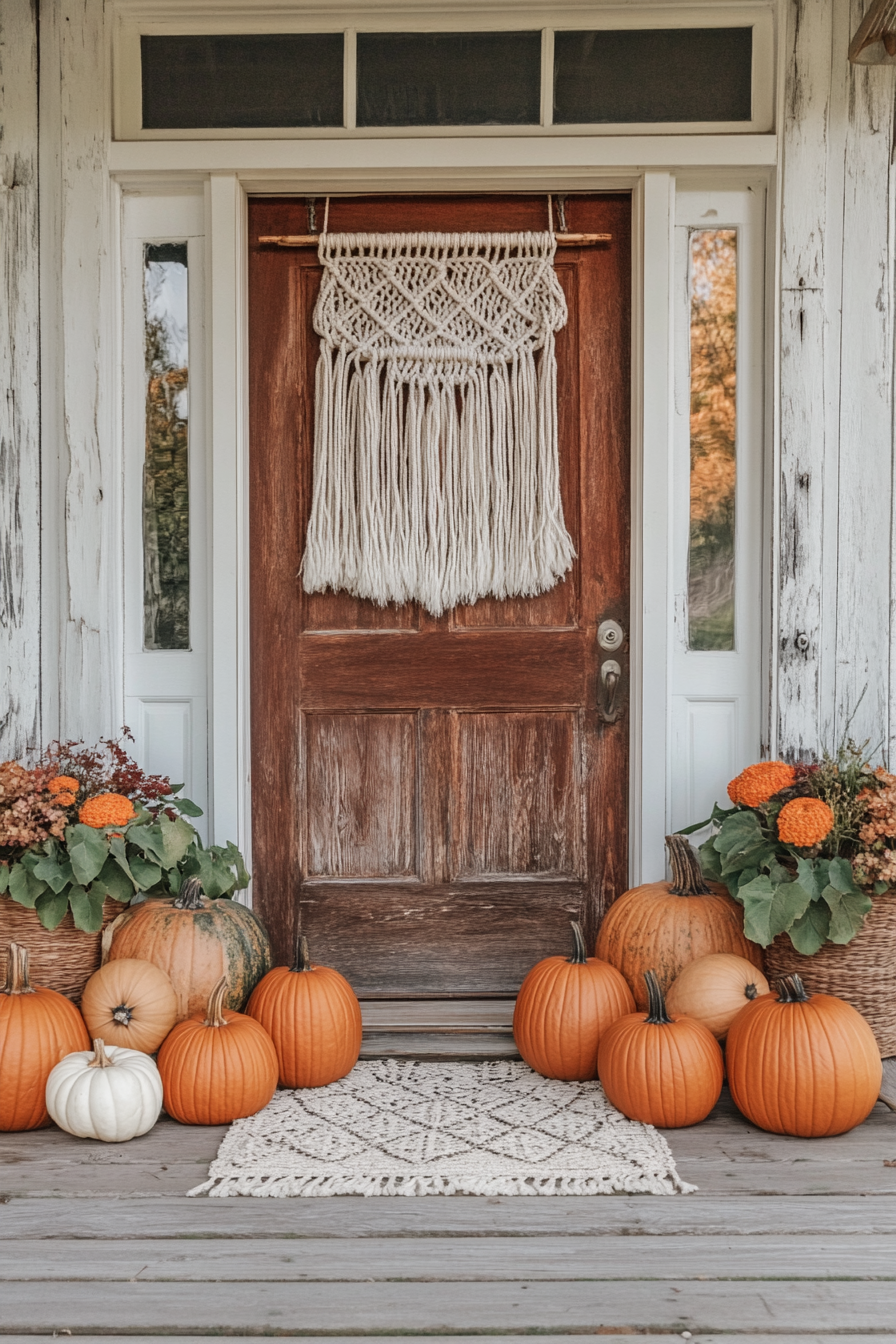 Fall porch. Pumpkins clustered by a yarn macrame wall hanging.