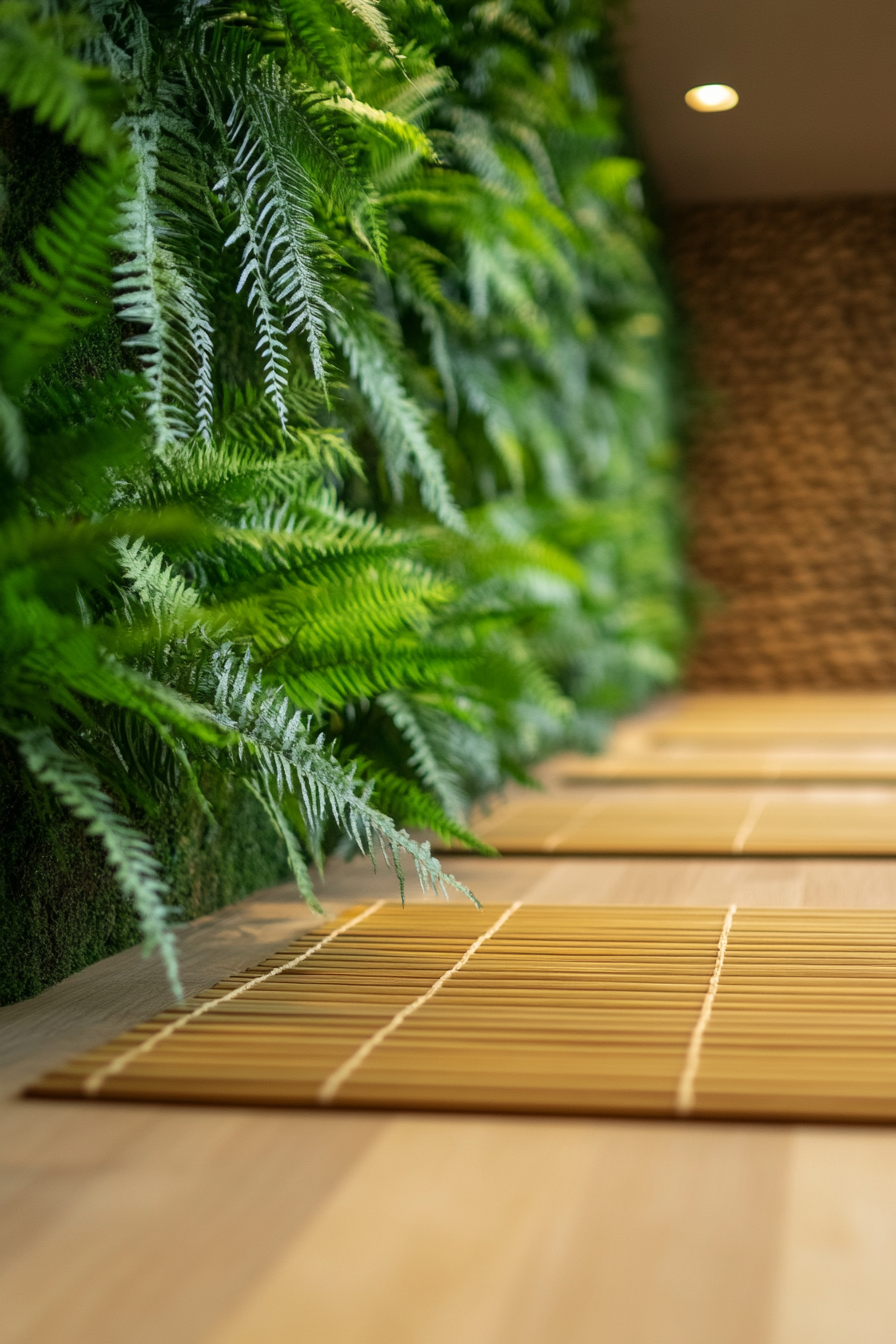 Yoga studio. Bamboo mat with vertical wall of lush ferns.