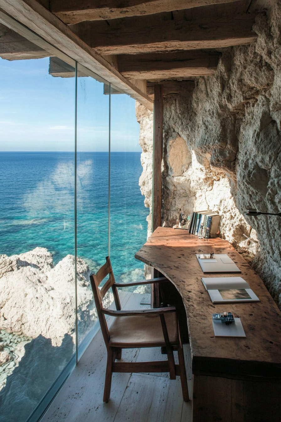 Work space. Modern rustic desk facing turquoise sea from floor-to-ceiling glass window.