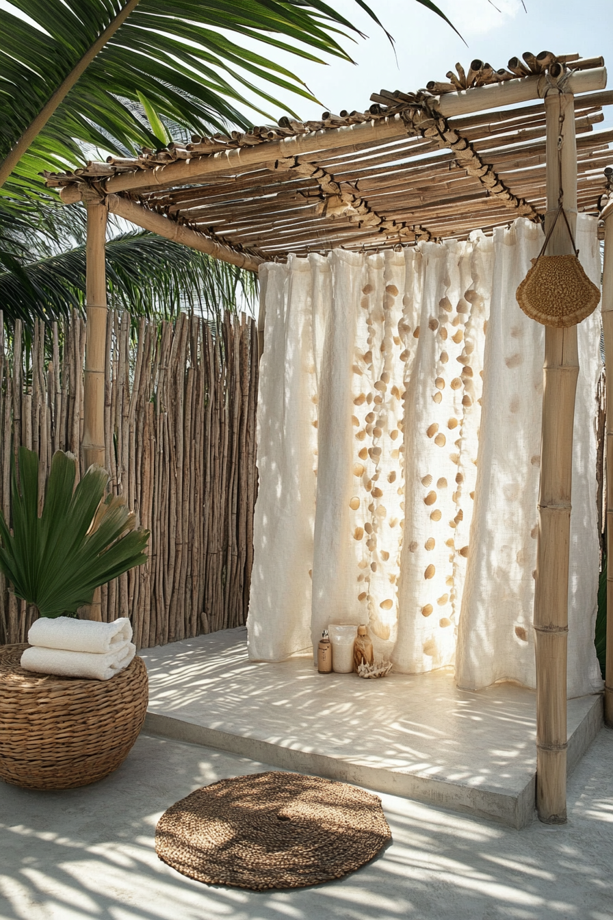 Outdoor shower setup. Whitewashed bamboo structure with seashell curtain.