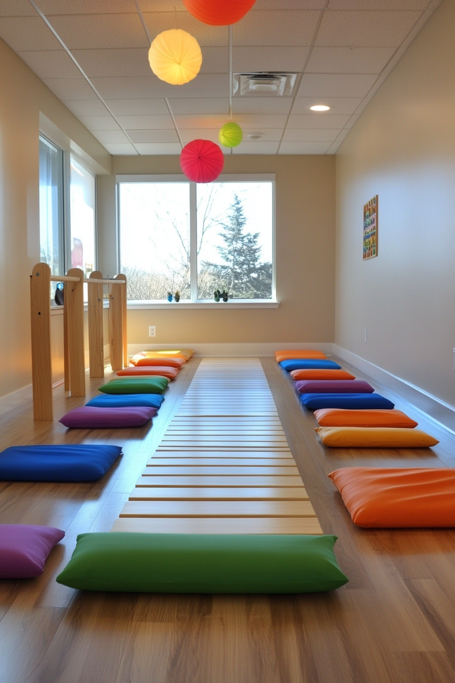 Kids' yoga area. Compact, rainbow-colored cushioned mats with Montessori wooden balance beam.