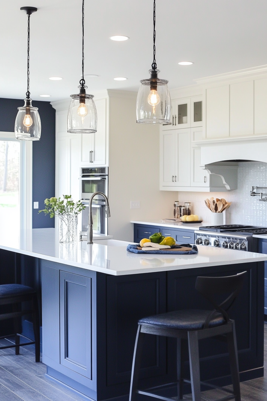 Modern blue and white kitchen. Dark blue island under pendant lights.