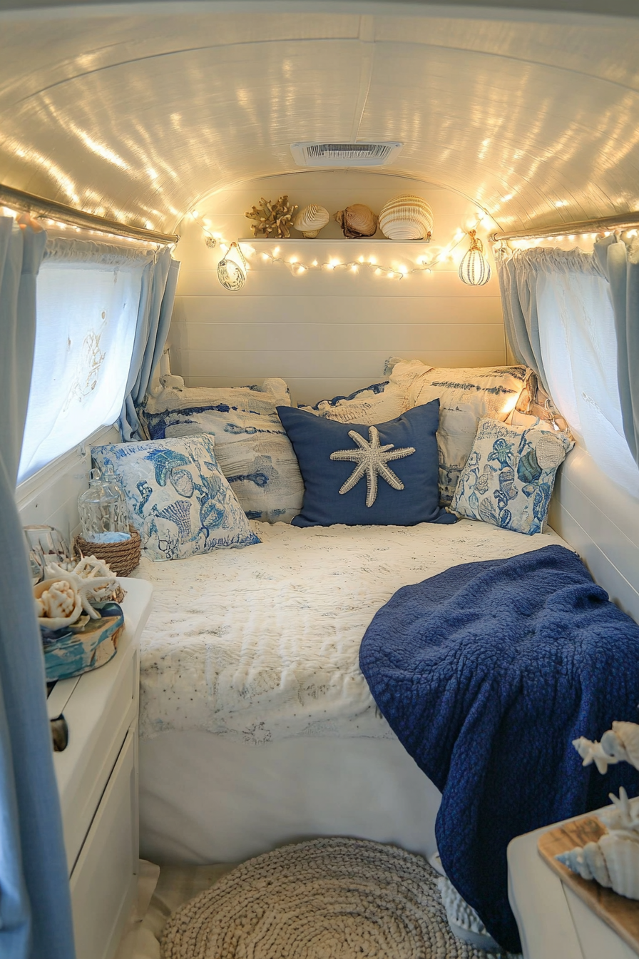 Ocean-themed camper sleeping area. Palette of whites and deep blues with seashell decor.