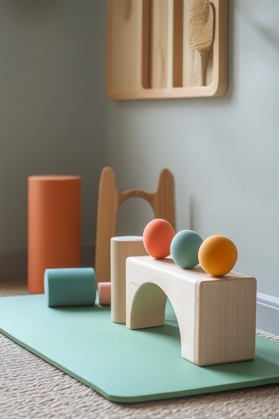 Compact kids' yoga area. Mint green mat, multicolored yoga blocks, and a wooden balance board.