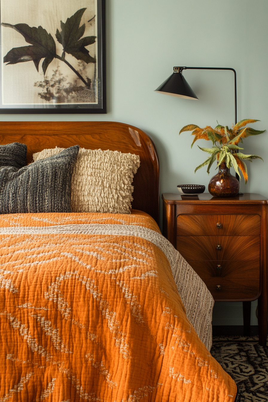 Fall bedroom. Art deco nightstand paired with rustic orange quilt.