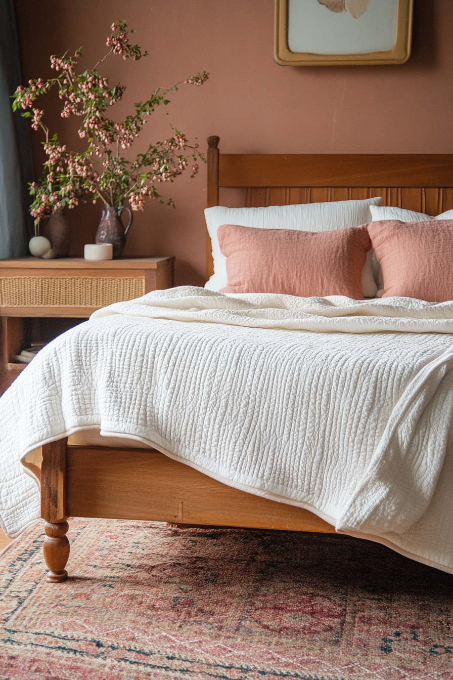 Fall bedroom. Bare wood bed frame with soft white brushed watermelon stitched quilt.