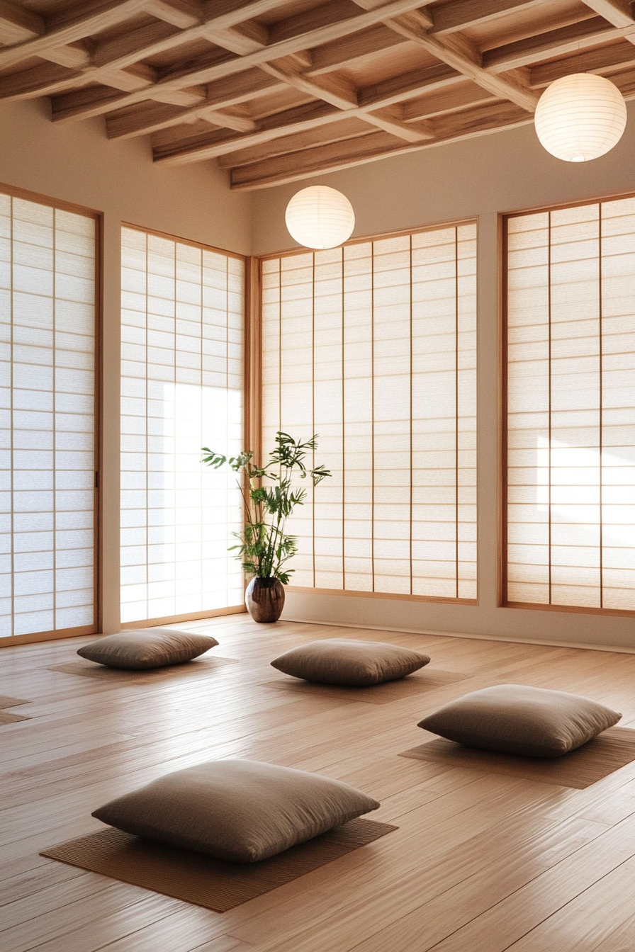 Japandi home yoga studio. Bamboo floor with wide white-hued shoji screens.