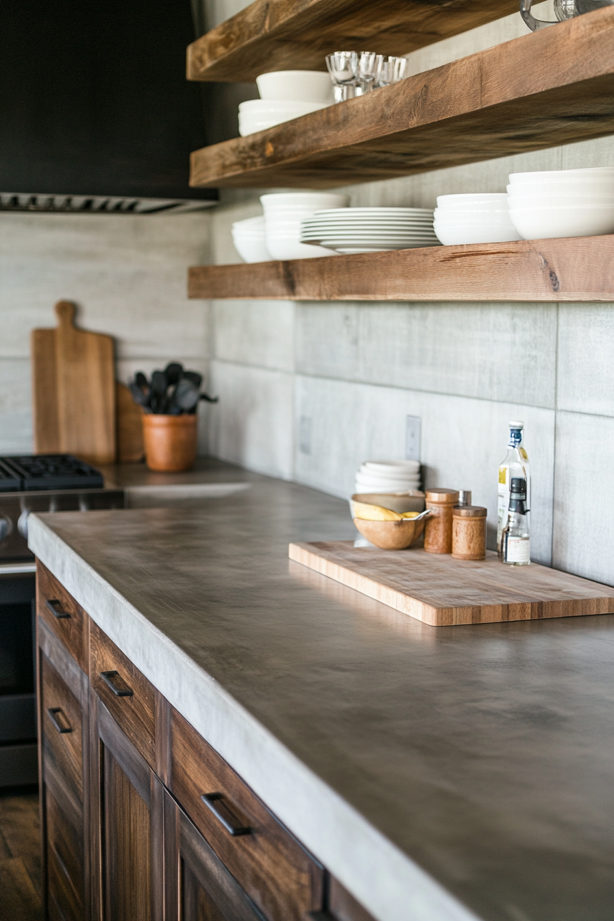 Modern farmhouse kitchen. Smooth concrete countertops with open walnut shelving.