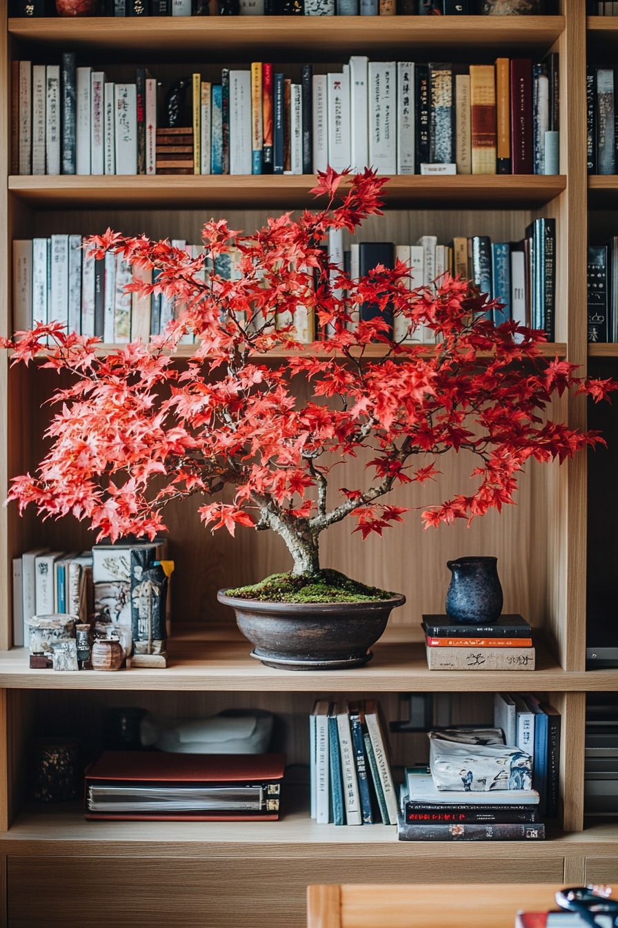 Japandi fall living room. Red maple bonsai with minimalist wooden bookshelf.