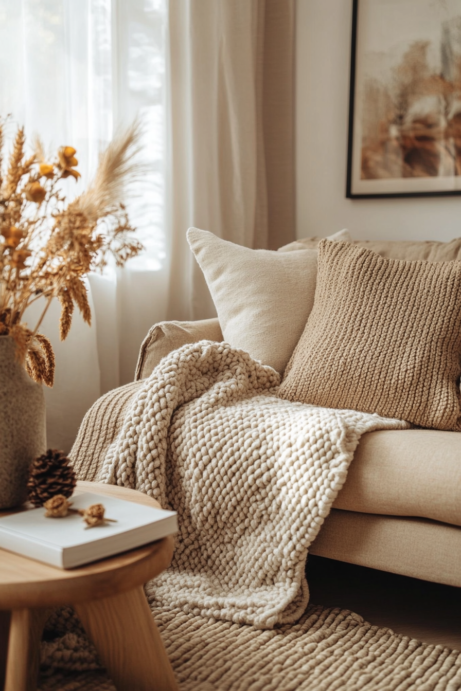 Fall living room. Aesthetic knit throw blanket in earthy beige Japandi style.