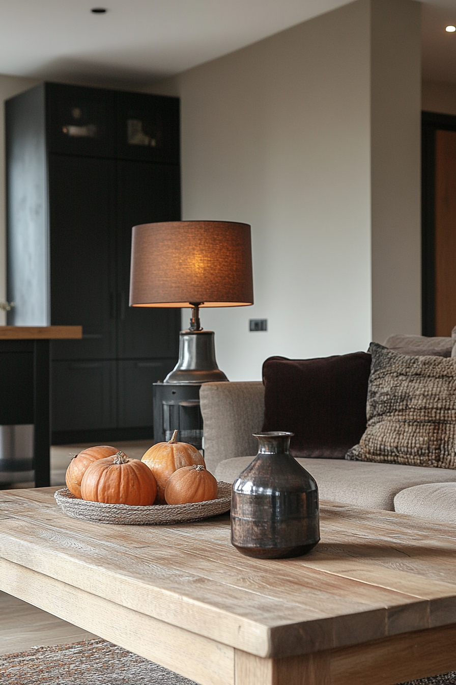 Fall living room. Oak coffee table with dim metallic lamp.