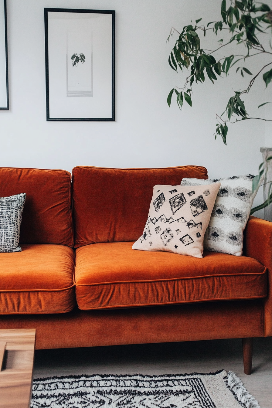 Fall living room. Minimalist Japandi interior with burnt orange velvet mid-century sofa.