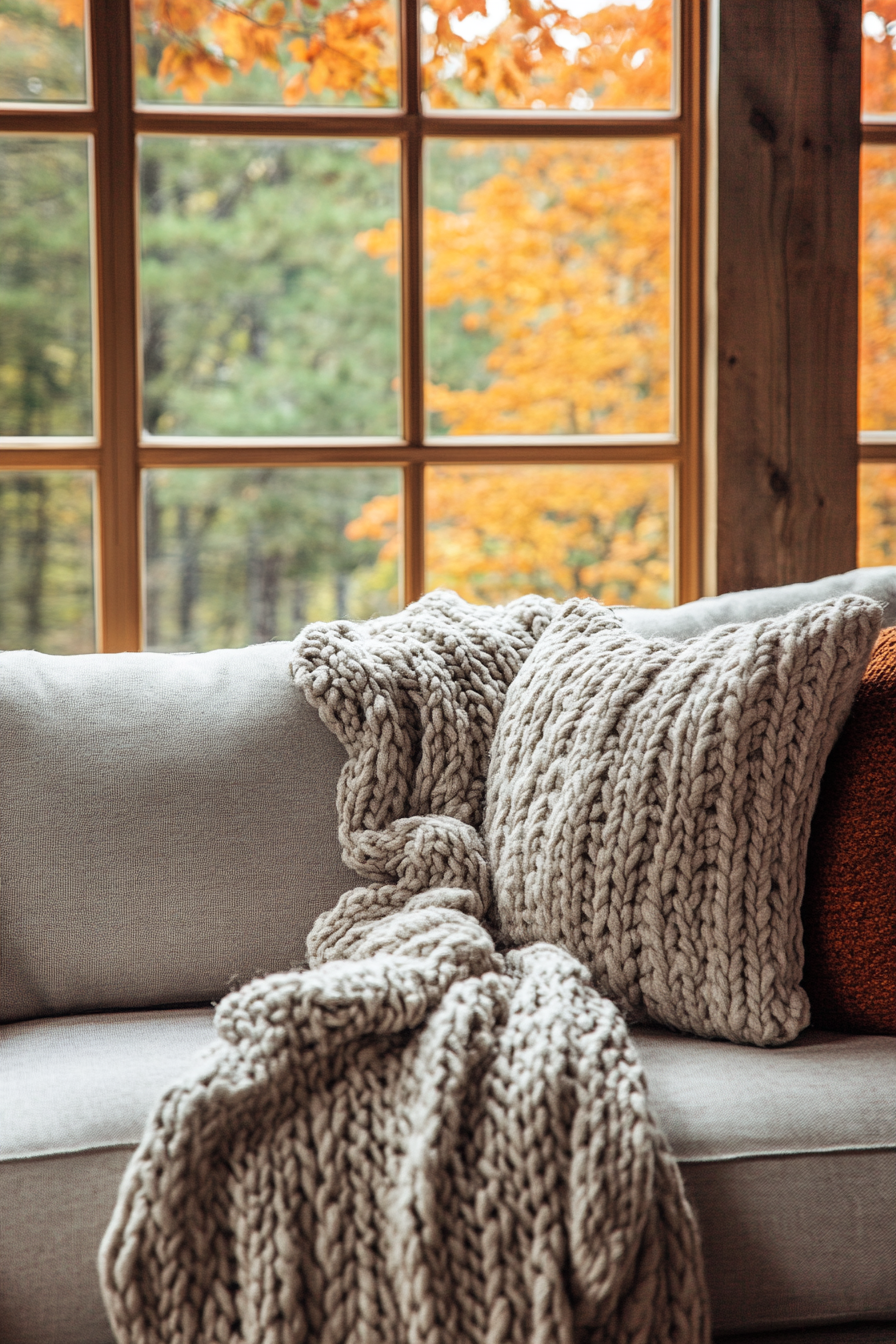 Fall living room. Rustic industrial sofa with knit blanket near orange oak window.