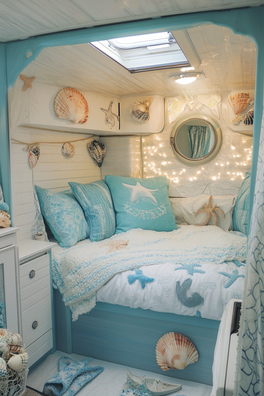 Serene, ocean-themed camper sleeping area. Blues and whites with seashell decor.