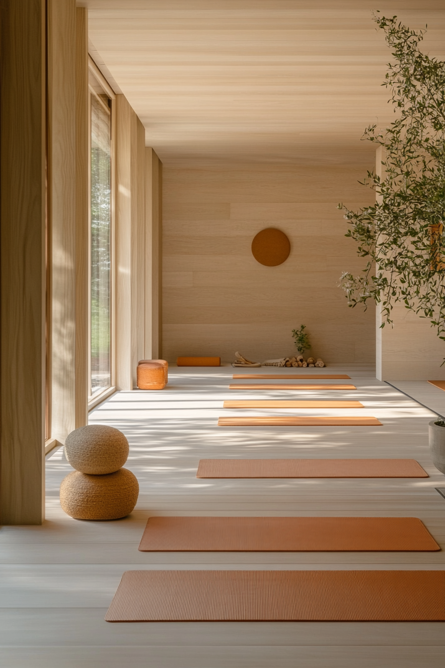 Japandi home yoga studio. Minimalist light wood walls with terracotta yoga mat.