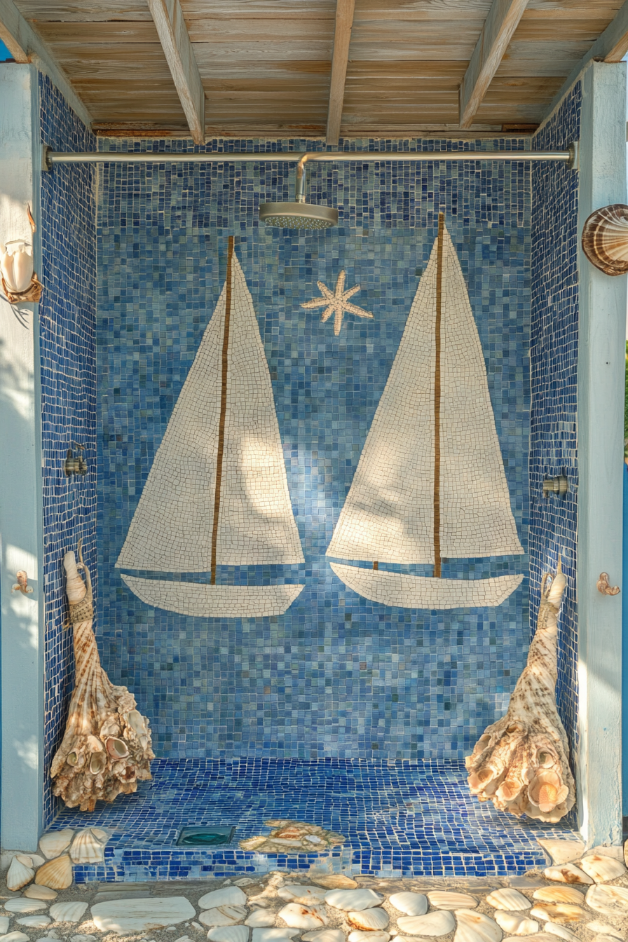 Outdoor shower setup. Sailboat motif curtains, seashell handles, blue mosaic tiles.